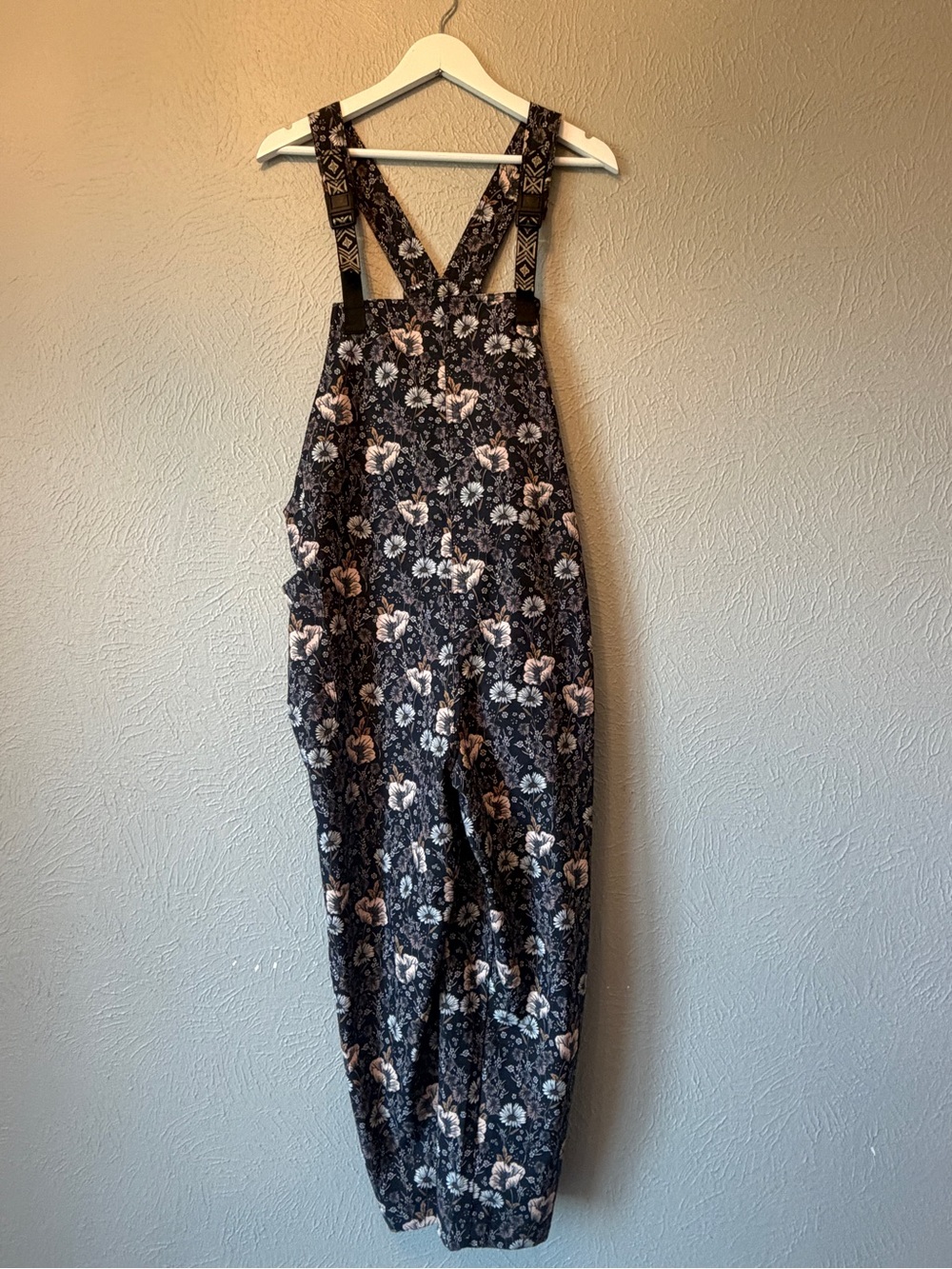 Kavu Black Floral Pocket Overall Jumpsuit with Pink Accents